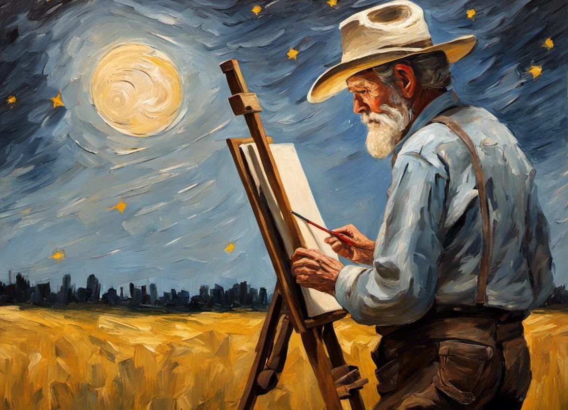 Melancholy Cowboy Paints Moon: Expressionist Oil Painting