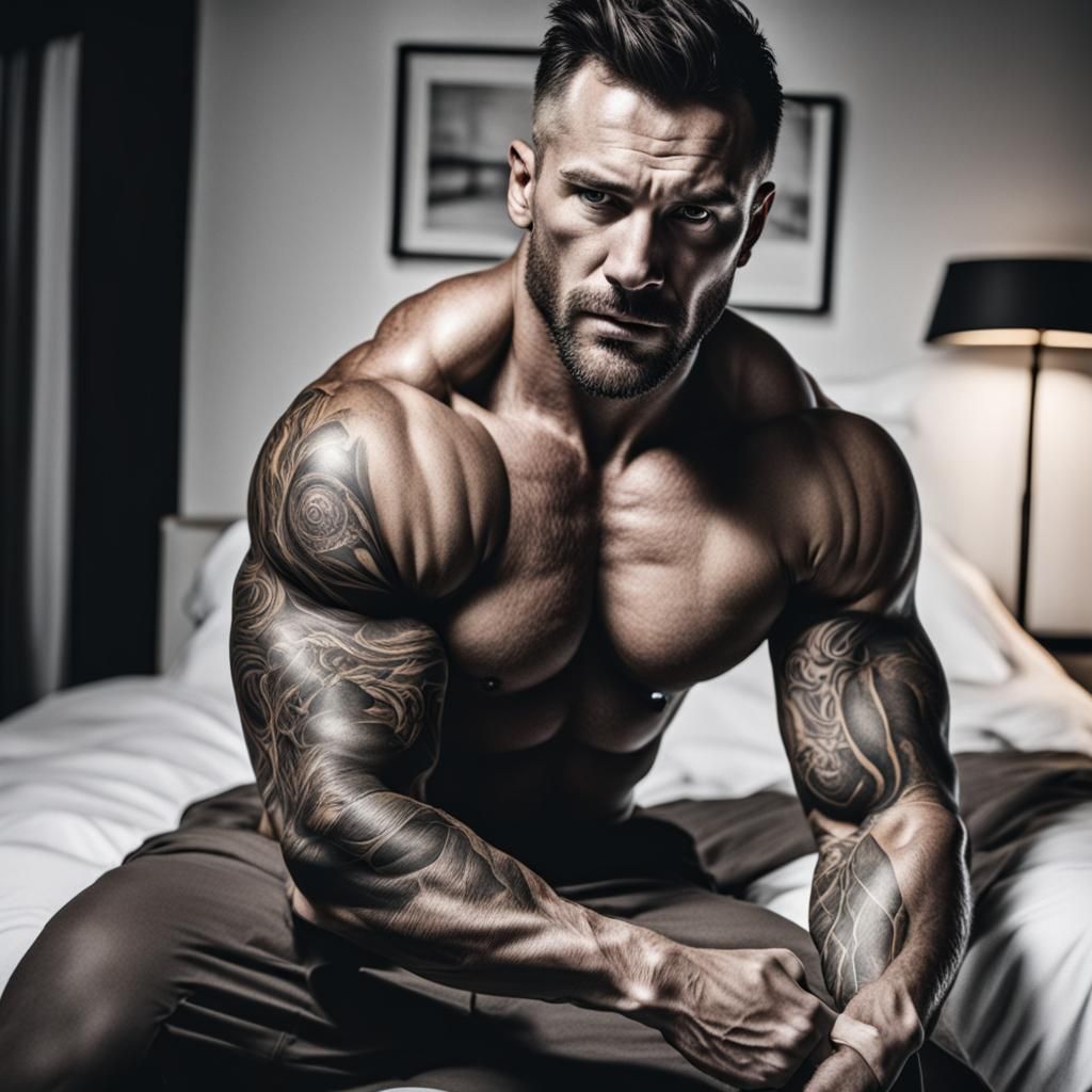 Tattooed Muscular Man Asleep in Bed