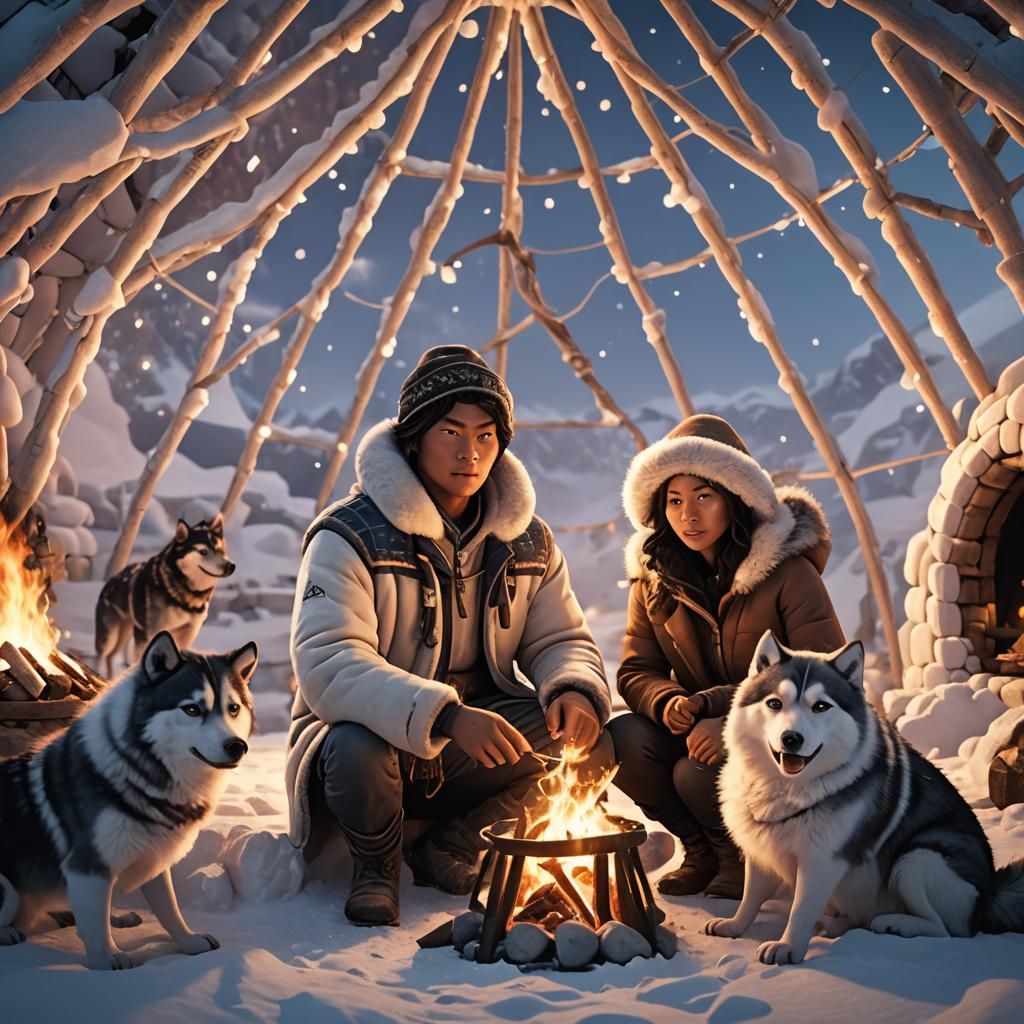 Inuit Couple by Igloo Fire in 3D Rendered Art
