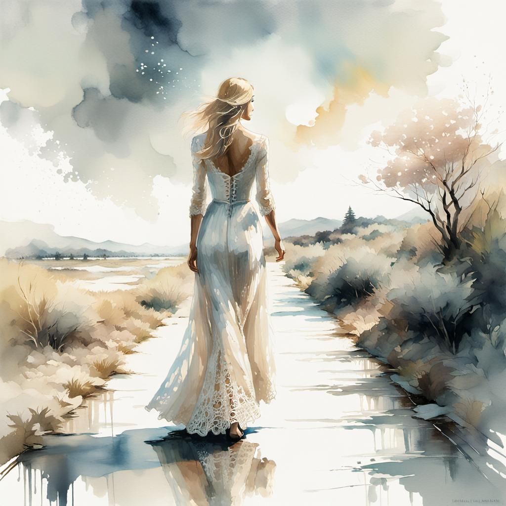 Blonde Girl in Lace Dress: Digital Watercolor Art