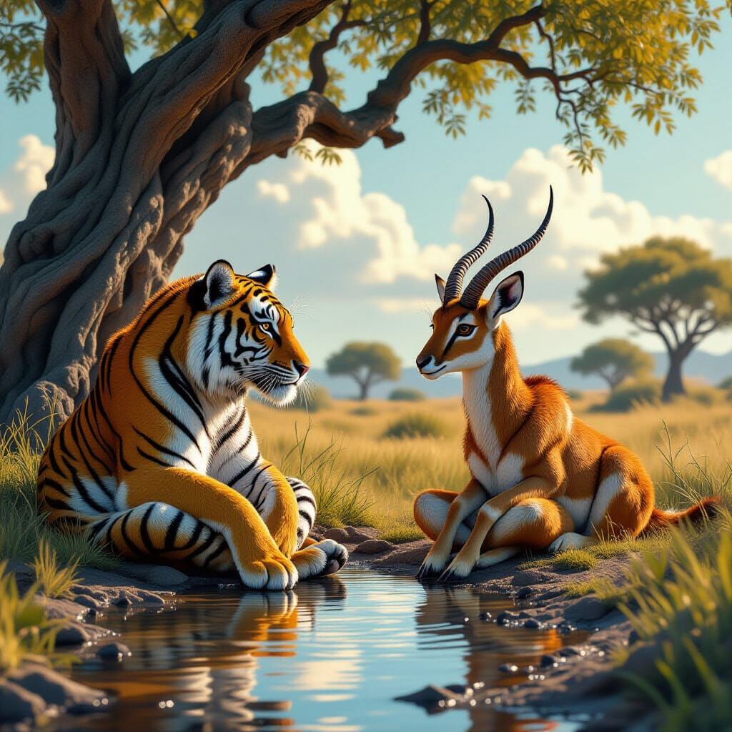 Tiger and Antelope Share Water Under Ancient Tree, Matte Pai...