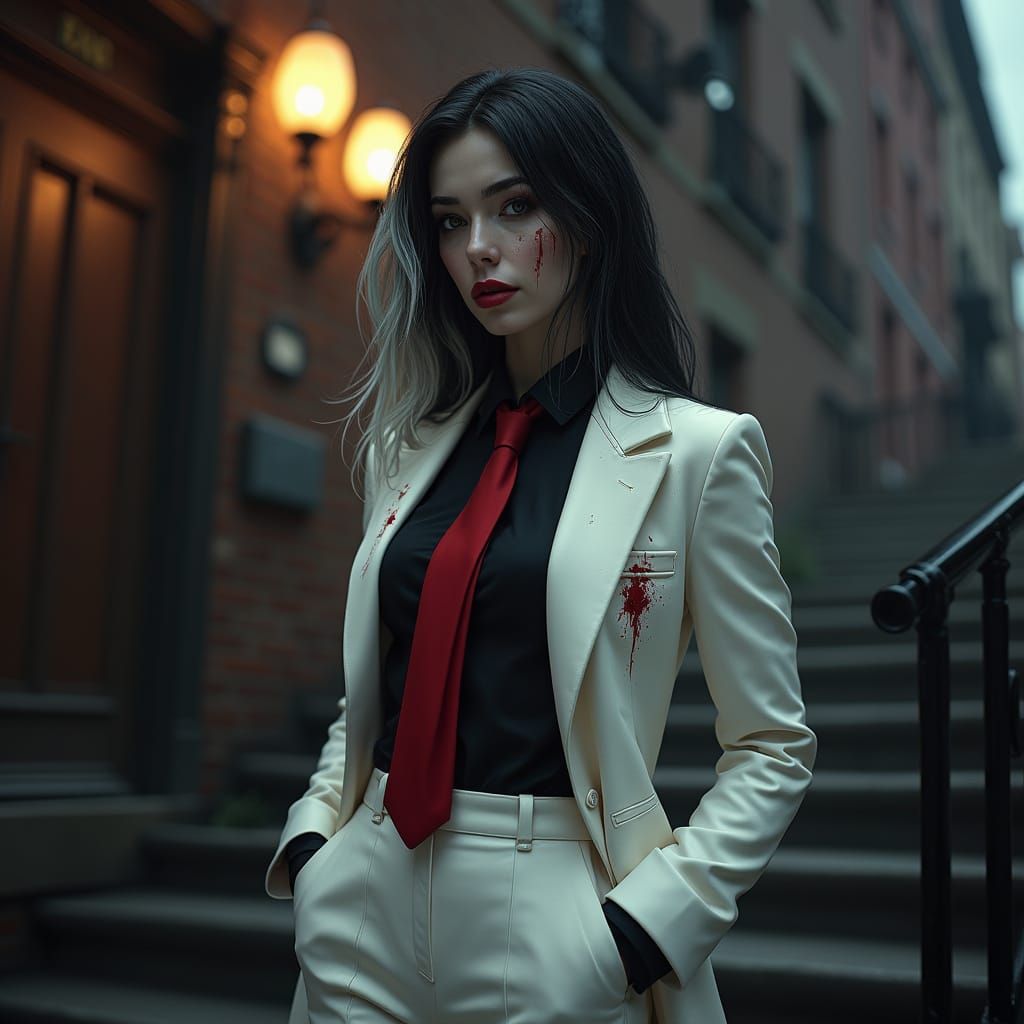 Vampire in White Suit Amidst Bustling Boston Street