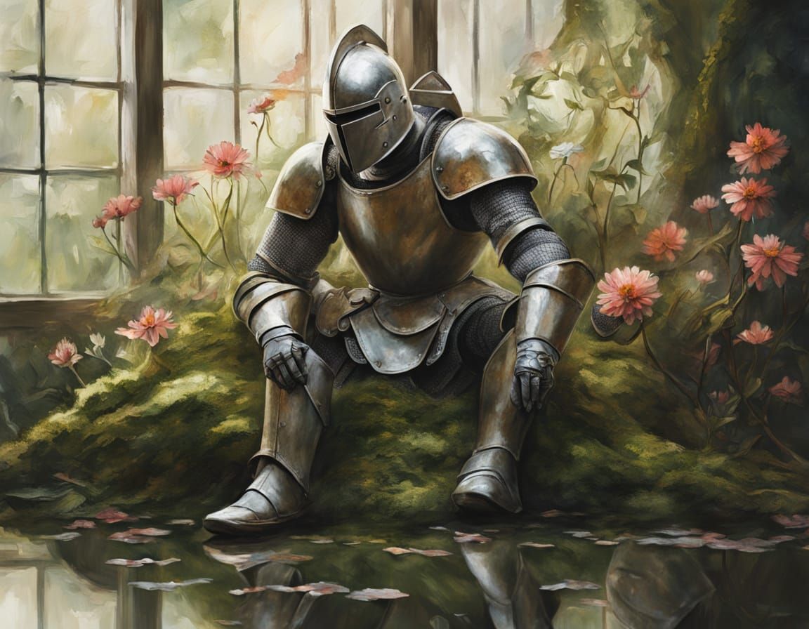 Ancient Knight Resting in Overgrown Greenhouse