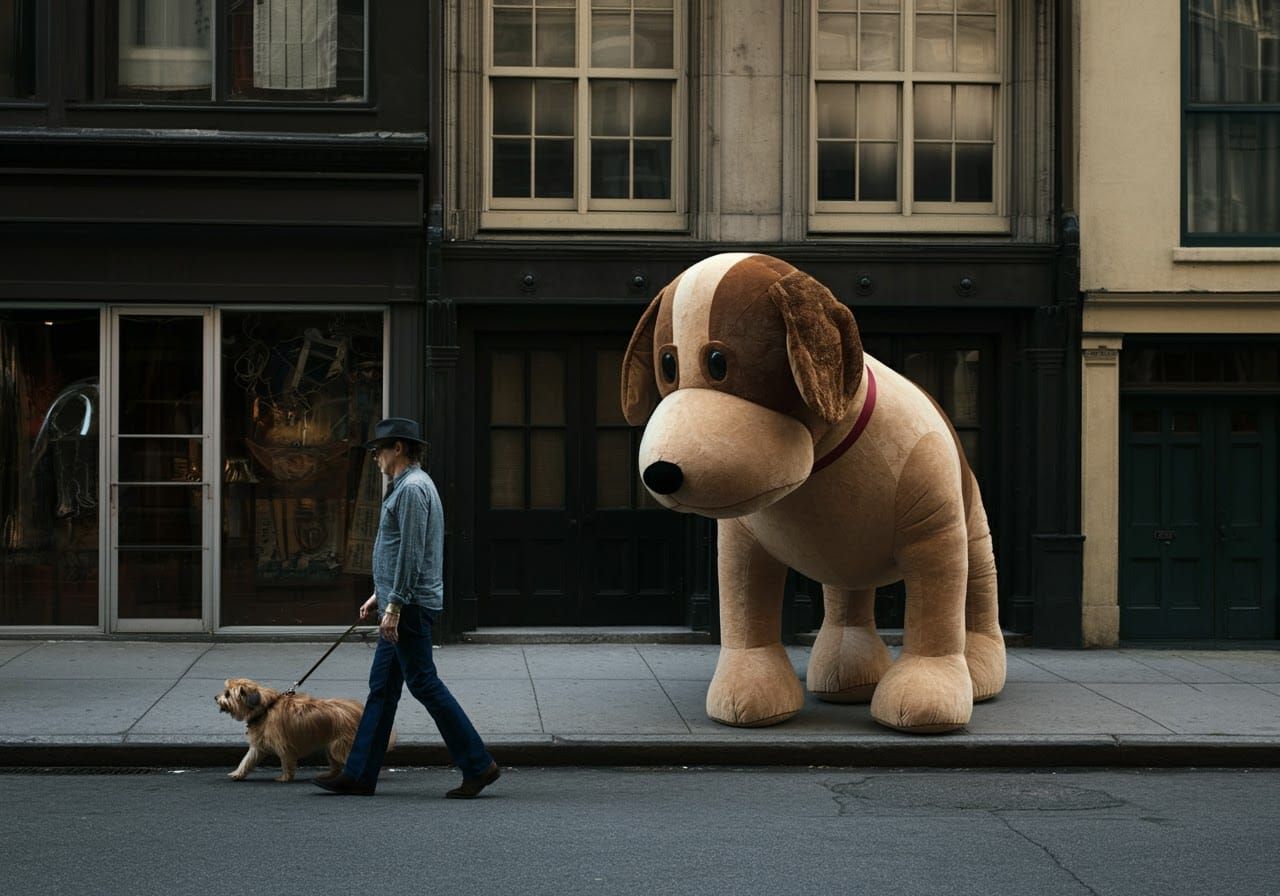 Man Walks Dog Past Giant Plush: LaChapelle Style