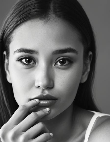 Contemplative Woman Close-Up with Expressive Gesture