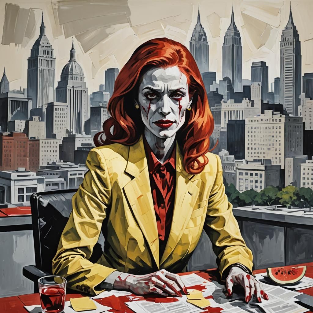 Cubist Vampire Newscaster with Watermelon Slices