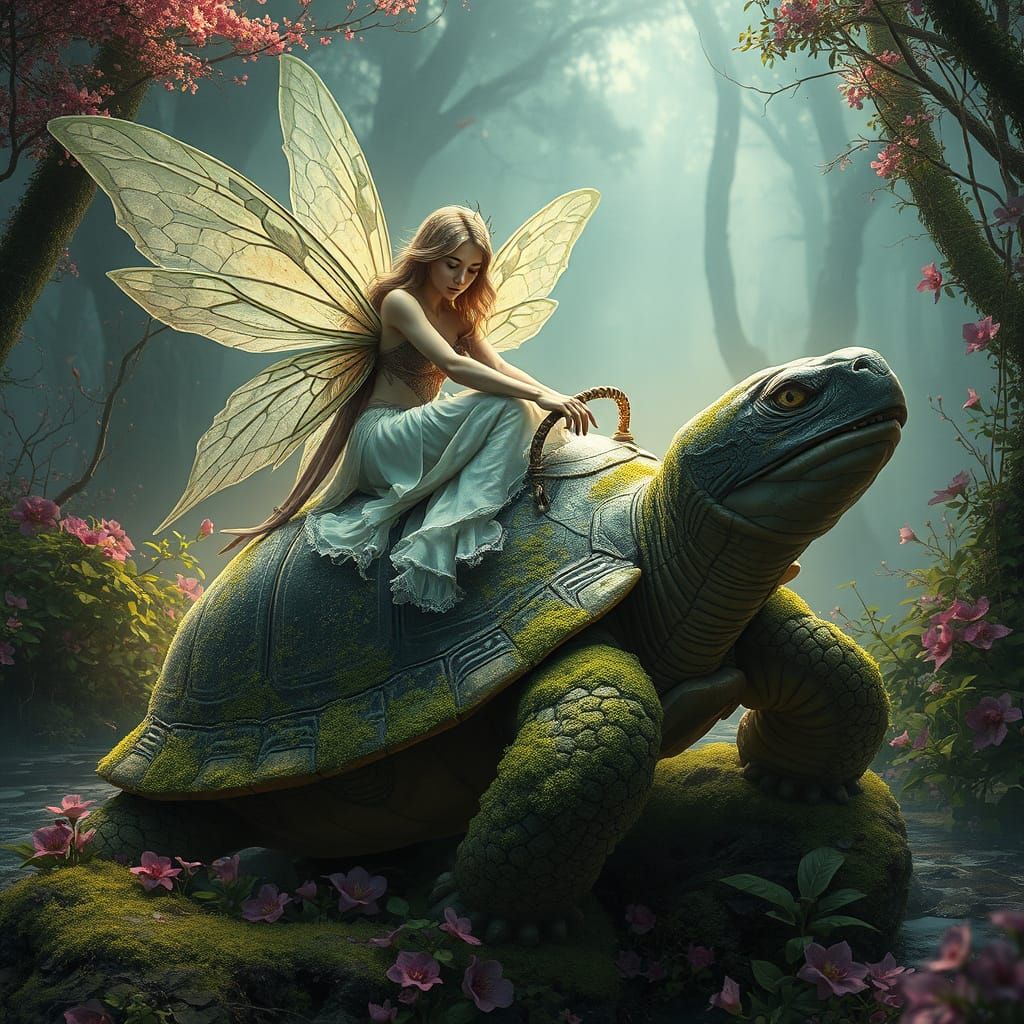 Fairy Riding Armored Turtle in Enchanted Forest
