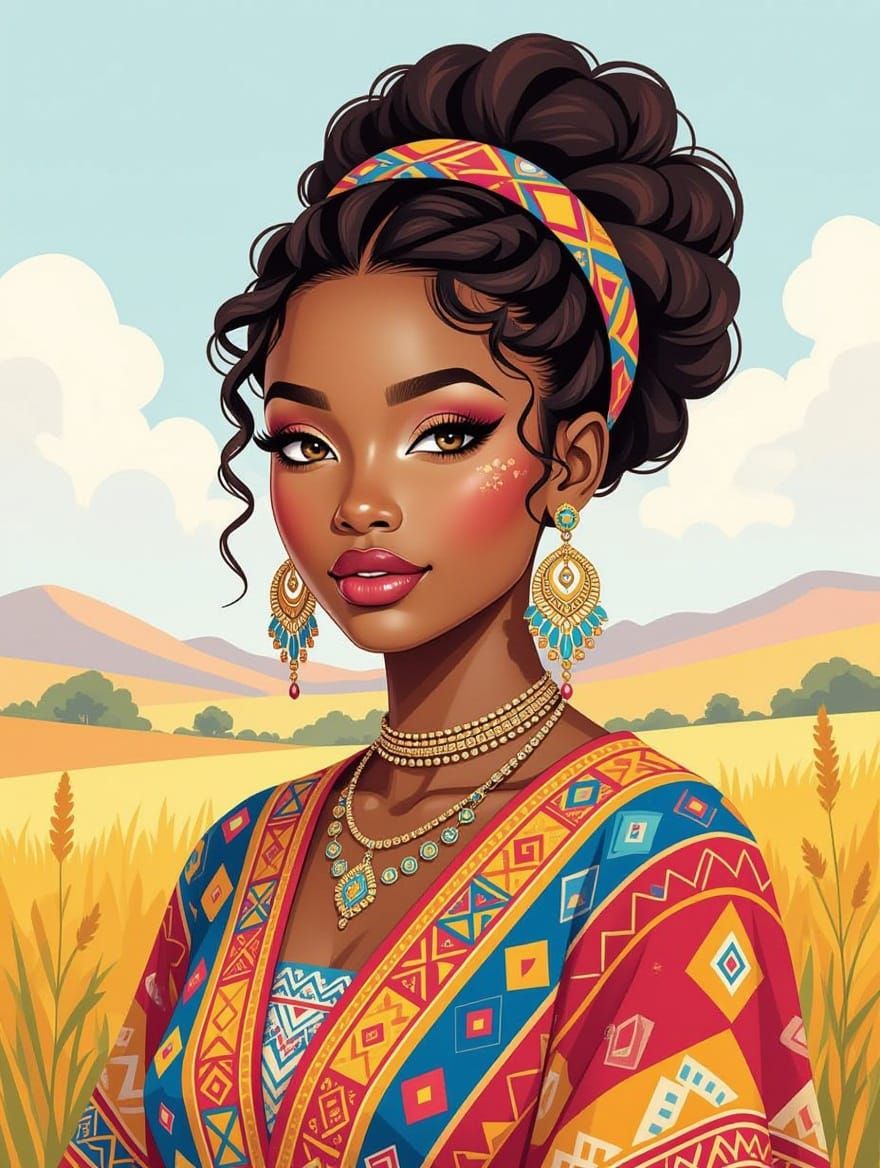 African Woman in Indian Landscape: Watercolor Style