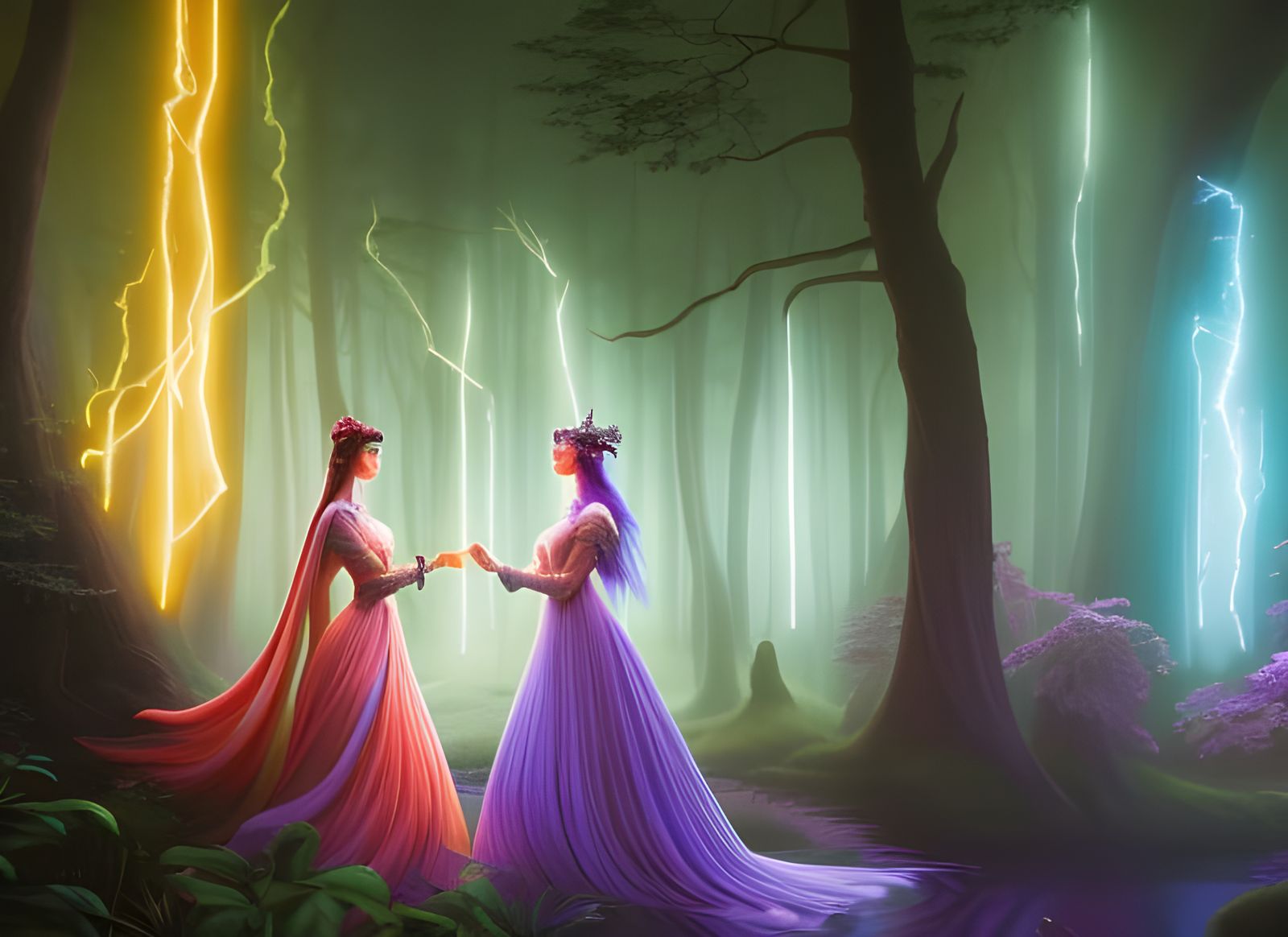 Sorceresses Duel in Luminous Crystal Forest