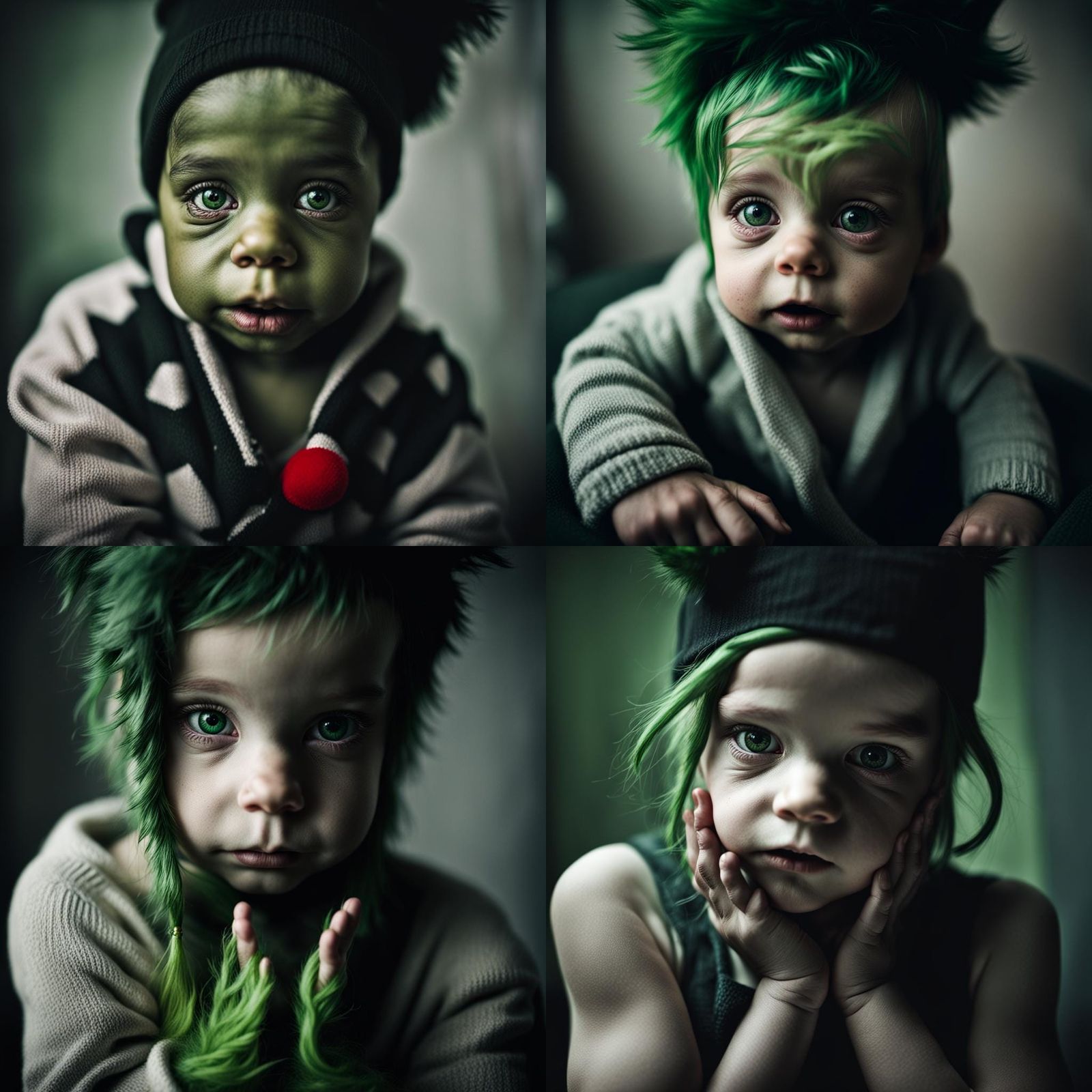 Whimsical Green-Haired Baby Portrait in Artistic Style