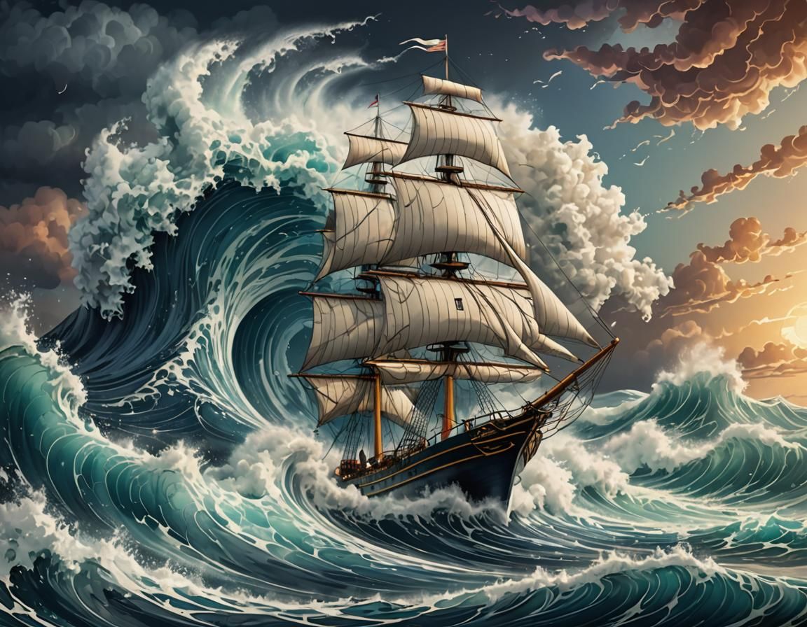 Sailing Ship Surfing a Wave in Tempest