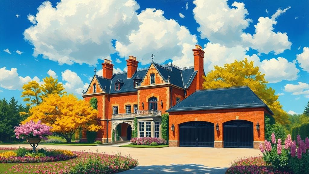 Elegant Chateau Amidst Vibrant Trees and Flowers