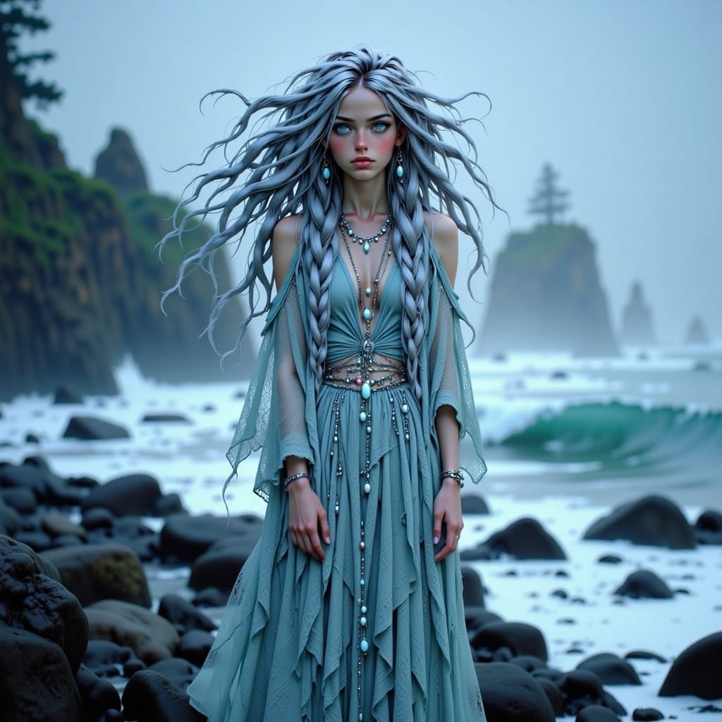 Mystical Woman Embracing Oceanic Serenity in Ethereal Beauty