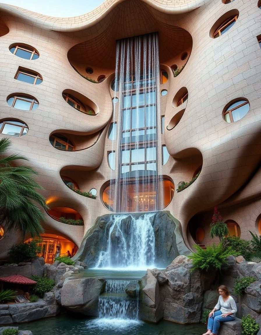 Whimsical Waterfall Residence in Vibrant Art Nouveau Style