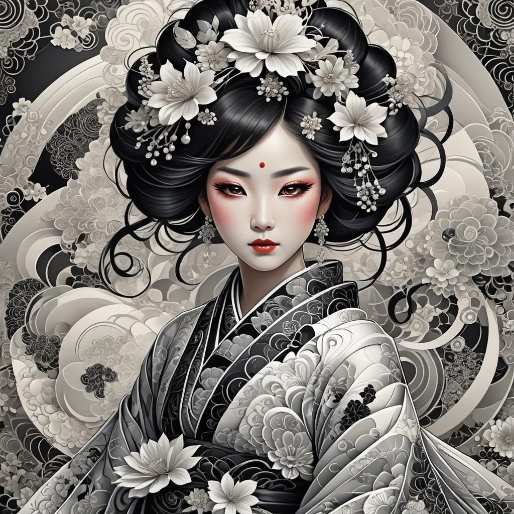 Crystal Geisha with Black Hair in Fractal Style