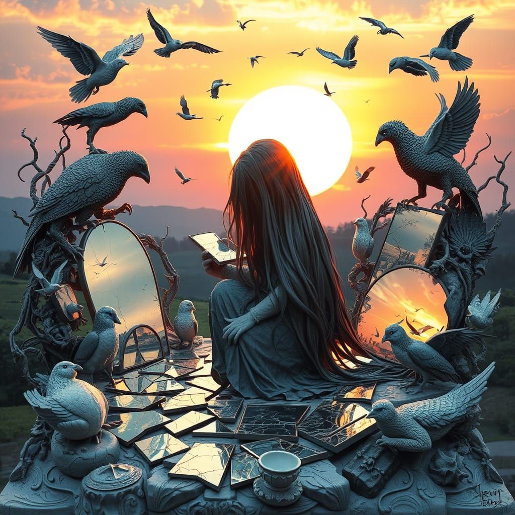 Surreal Sculpture of Child at Sunset