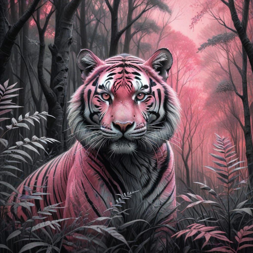 Pink Striped Tiger in Abstract Charcoal Forest