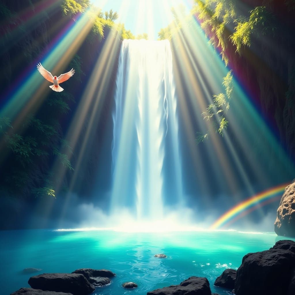 Majestic Waterfall in Lush Wilderness as Hyperrealistic Oil ...