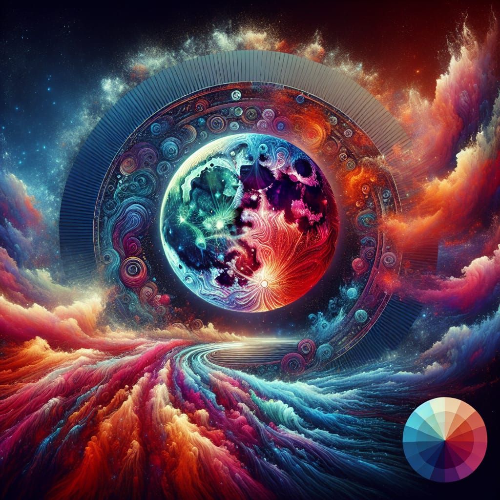 Psychedelic Moon Surrounded by Water and Fire