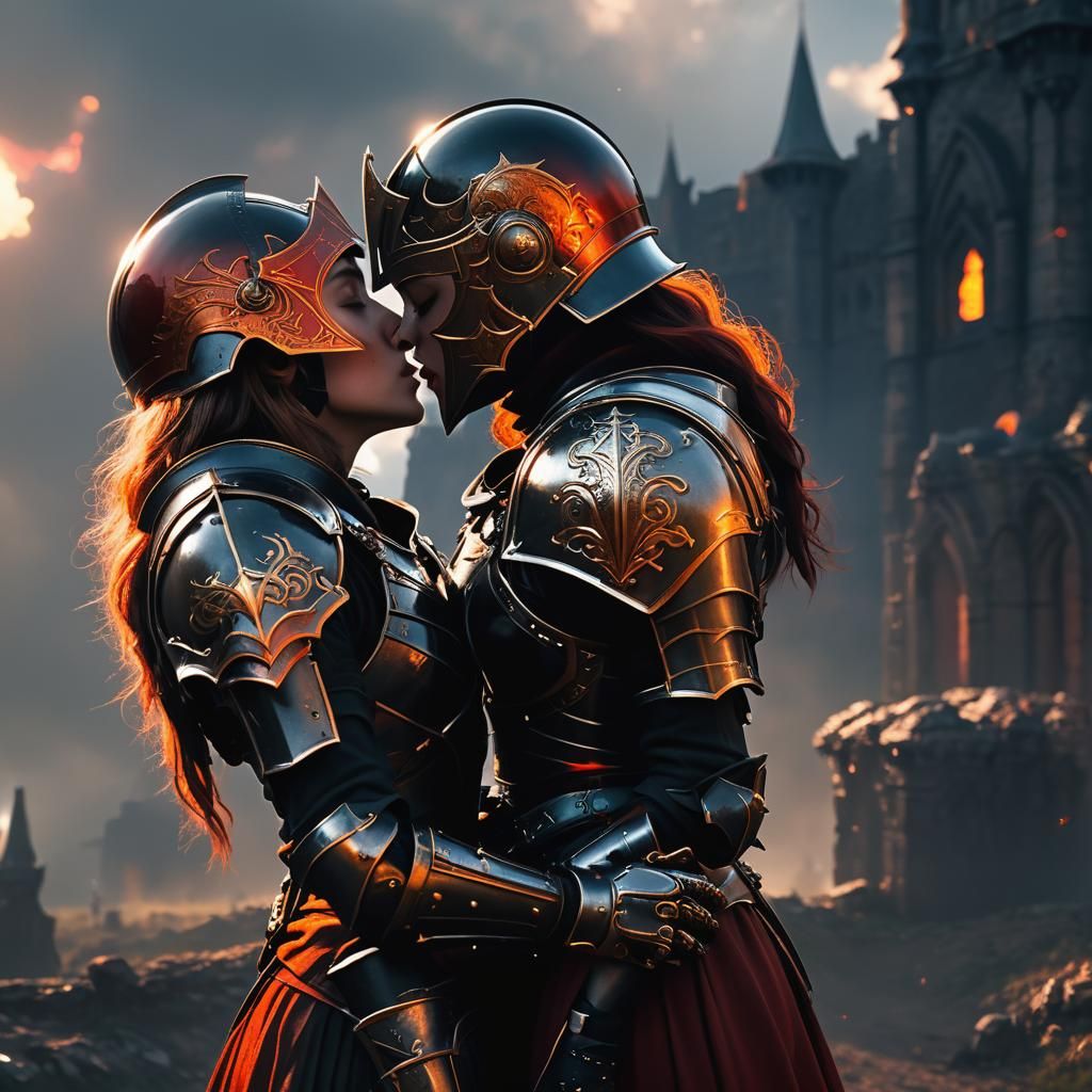 Armored Women Kiss in Epic Fantasy Realism
