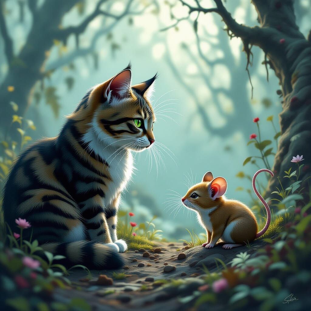 Surreal Cat and Mouse in Dreamlike Environment