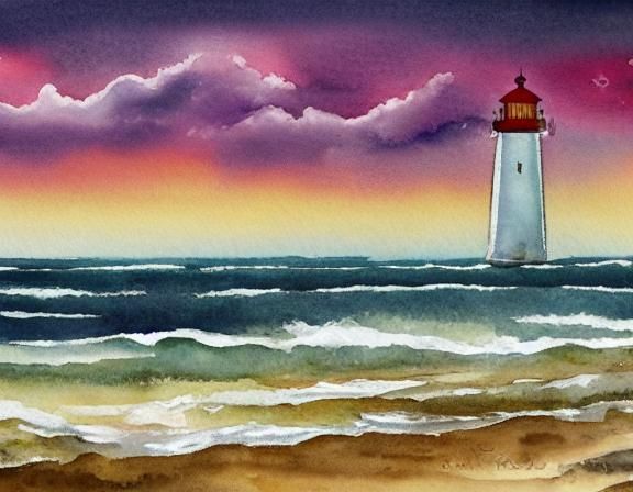 Stormy Beach Lighthouse in Watercolor Painting