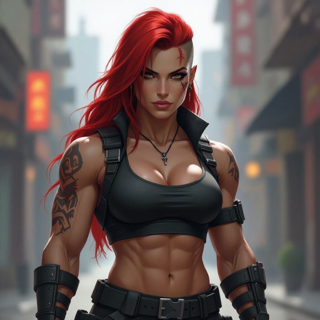 Muscular Half-Orc Woman with Red Hair in Urban Setting
