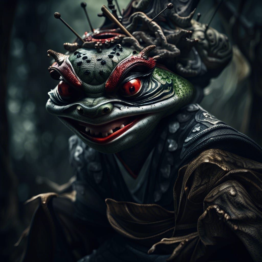 Sinister Geisha Frog Queen Attack: Hyperrealistic Forest Sce...