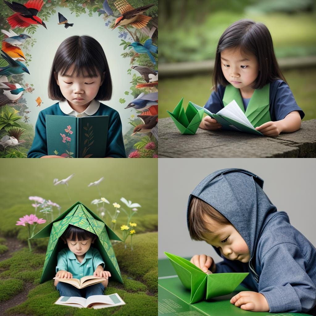 Child Wondering in Forest with Origami Papercraft
