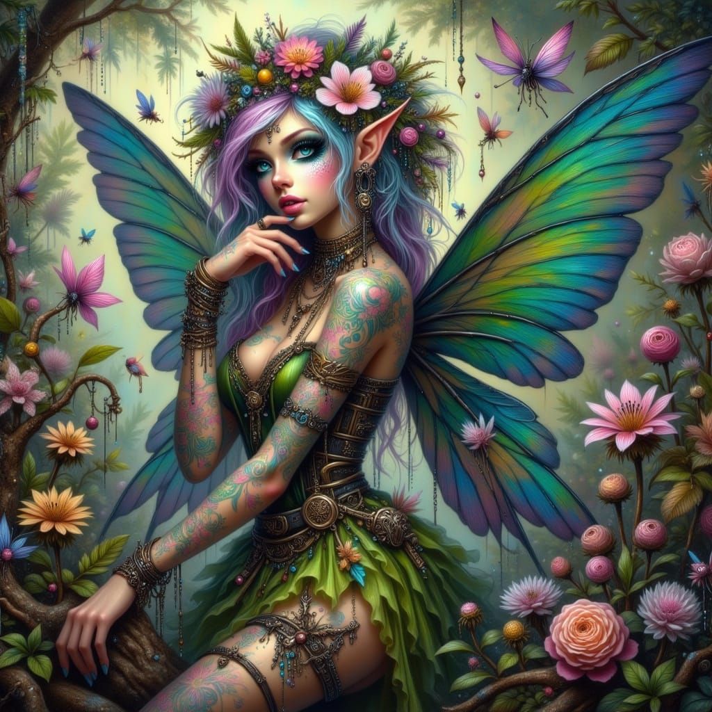 <lora:Fairy Punk:1.0> Faeries Adult woman in a plush rainfor...