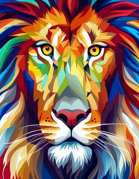 Humanoid Lion in Red and Blue Line Art