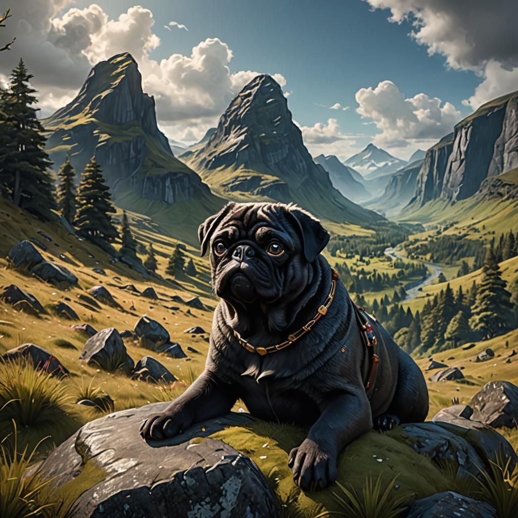 Gorilla Pug Hybrid Relaxing in Highlands, Detailed Digital A...