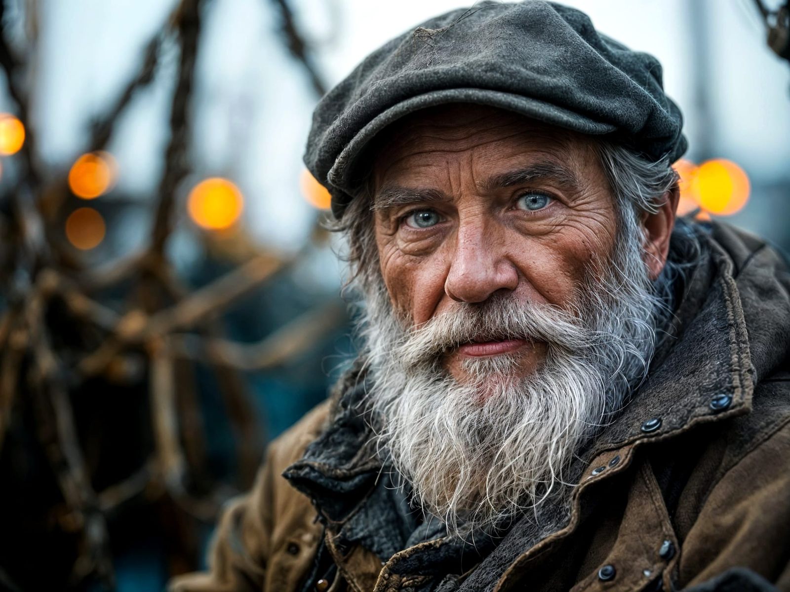 Weathered Fisherman in Serene Harbor Scene