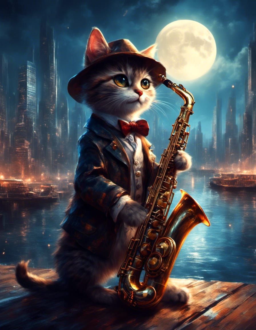 Jazzy Cat Skillfully Plays Saxophone at Night
