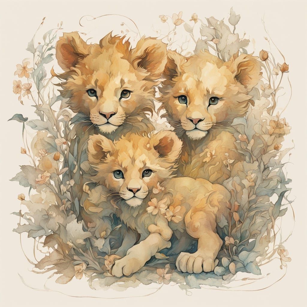 Whimsical Baby Lions Playing in a Sun-Dappled Savannah