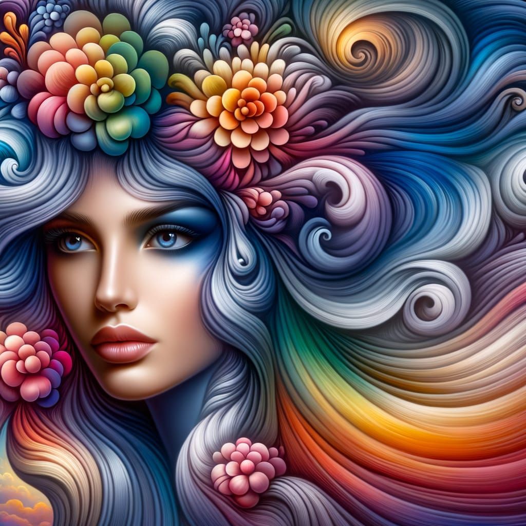 Surreal Portrait: Floral Cascade in Airbrush Style