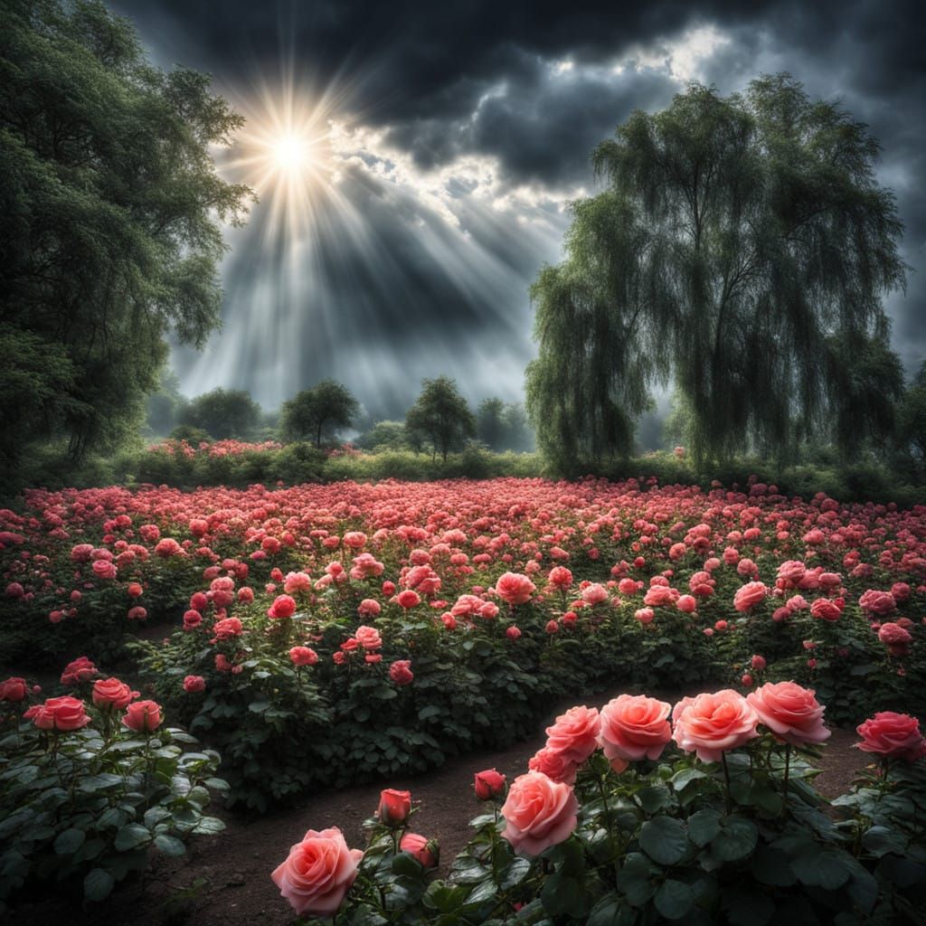 Ethereal Roses Bask in Sunny Stormy Skies