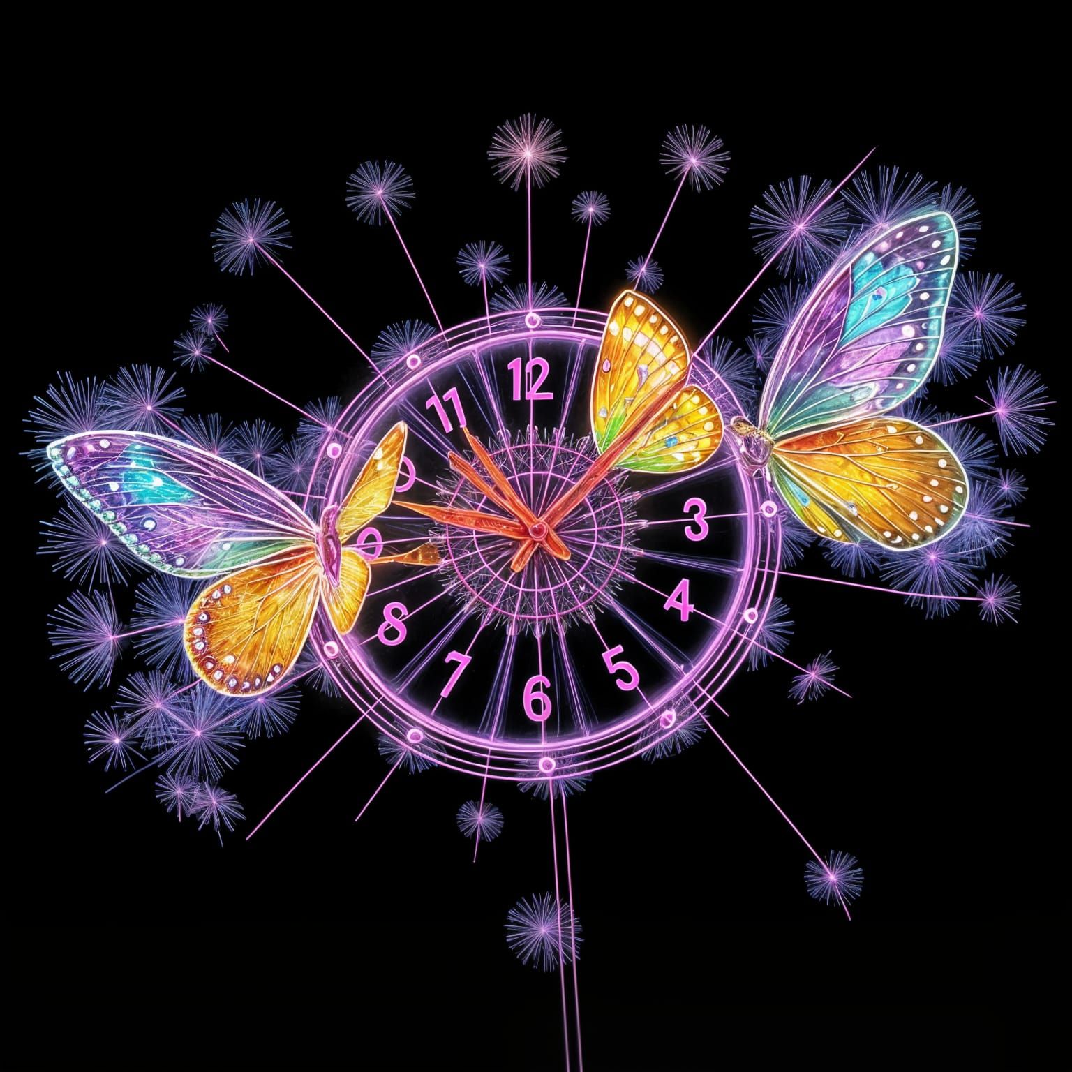 Neon Butterflies Burst from Crystalline Dandelion Clock