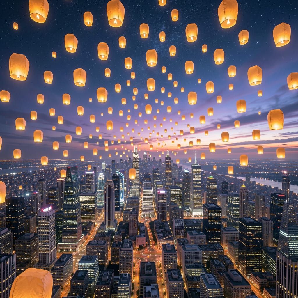 City Skyline at Night with Floating Paper Lanterns