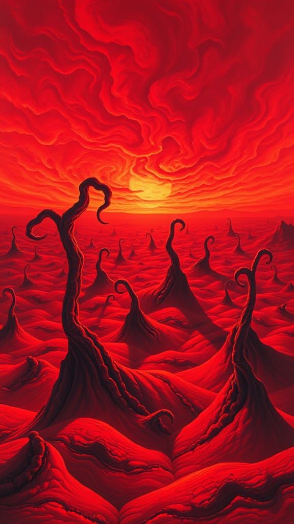 Surreal Crimson Landscape with Organic Forms