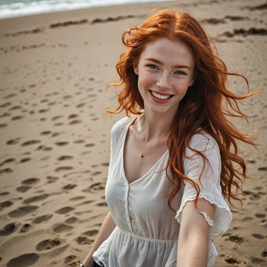 Seductive Redhead with Long Hair on Windy Beach