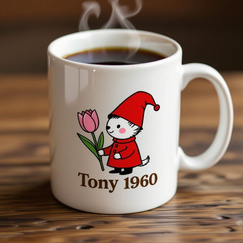 Mug with Cartoon Character in Beatrix Potter Style