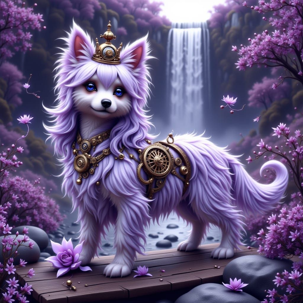 <lora:Steampunk and more:1.0> A cute violet long-haired Dog ...