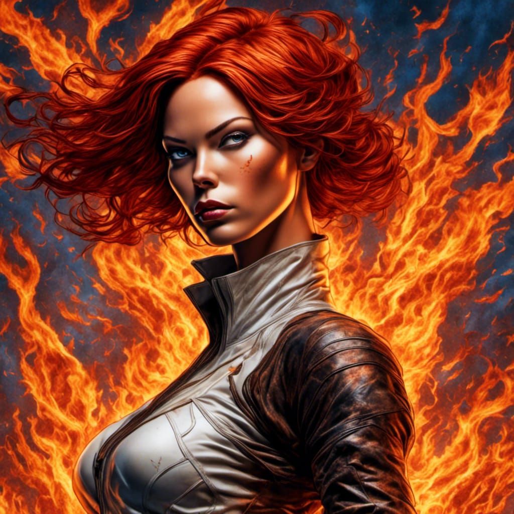 Flame-haired Aeon Flux with Leather Uniform