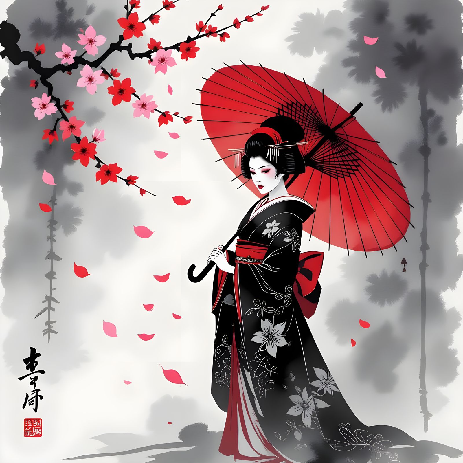 Goth Geisha in Kimono, Sumi e Style