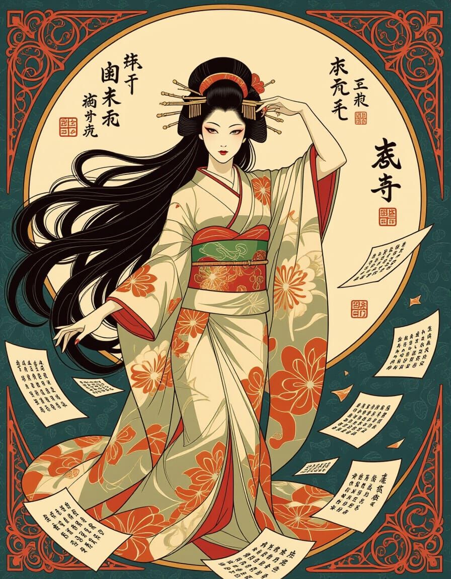 Shirtless Geisha in Dynamic Pose with Japanese Calligraphy