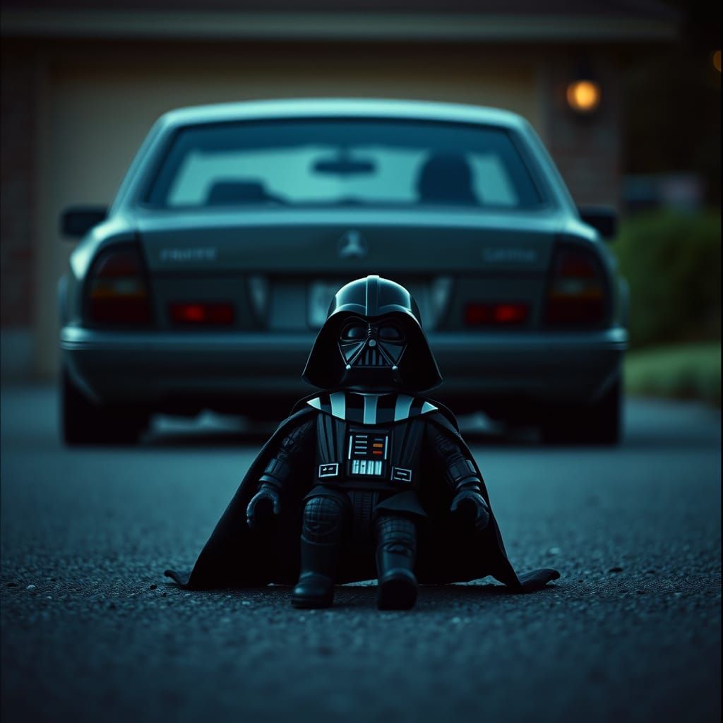 Darth Vader Figurine in Desperate Struggle with Backing Car