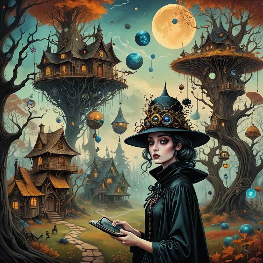 Neo-Victorian Woman in Surreal Autumn Treehouse Village