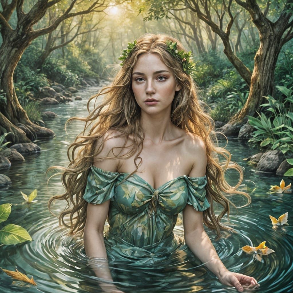 Woman Bathes in Forest Stream with Animals