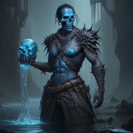 Fantastical Water Man Holding Skull in Detailed Matte Painti...